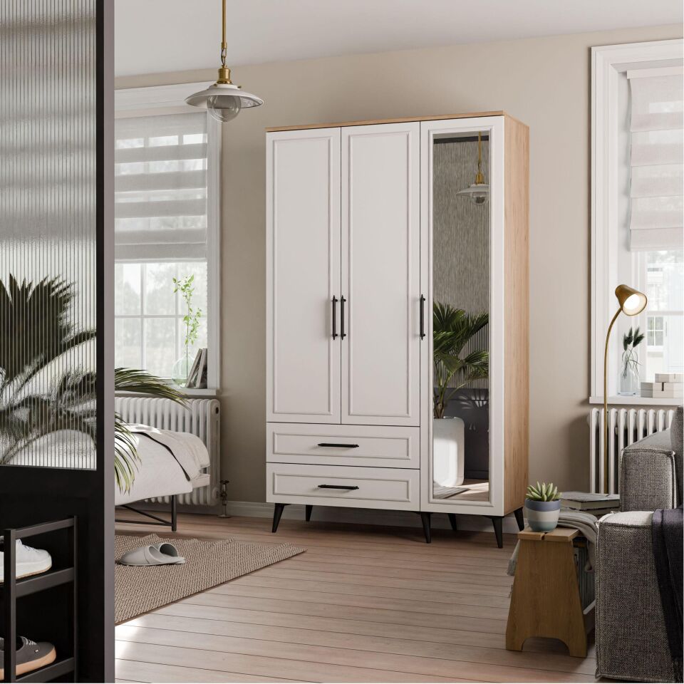 Vm 3416 Sağ Aynalı 3 Kapılı Gardırop (Sepet-Beyaz)