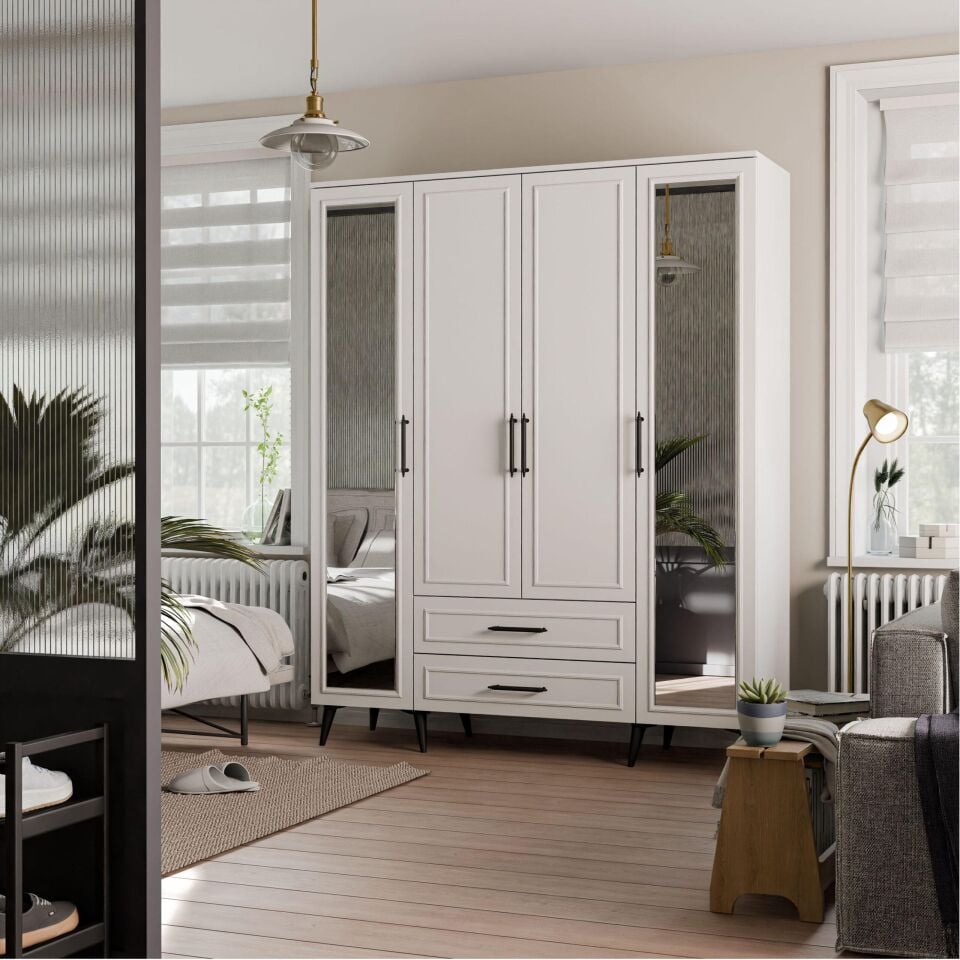 Vm 3404 Yan Aynalı 4 Kapılı Gardırop (Beyaz)