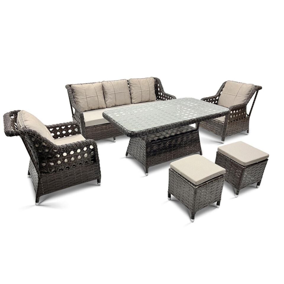 Akr Grand Rattan Oturma Grubu 3+1+1+Masa+Puflu Kahve